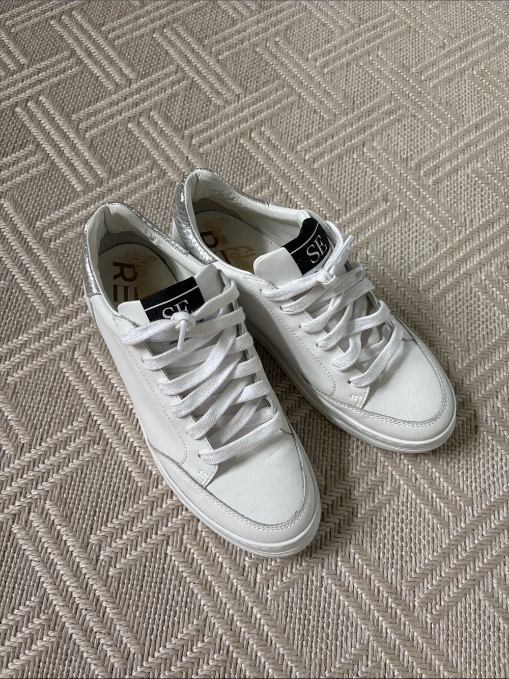 Sam Edelman White Leather Sneakers with Silver Heel Tab
